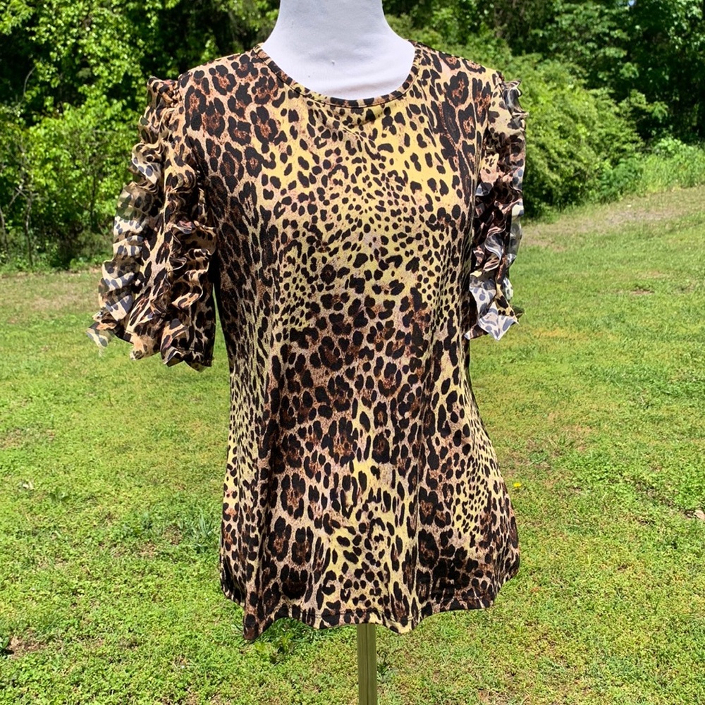 Ruffle Puff Sleeve Cheetah Leopard Print Blouse Size Small A Love Story Brand